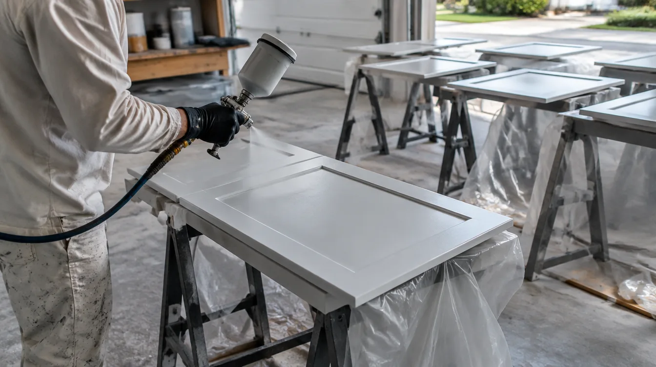 Painter spraying a kitchen cabinet door in a garage staging area