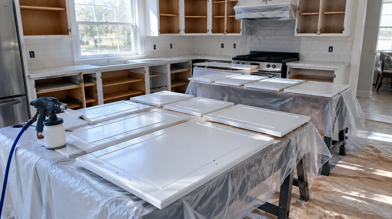 Cabinet spraying setup with doors staged for painting in a Murfreesboro kitchen