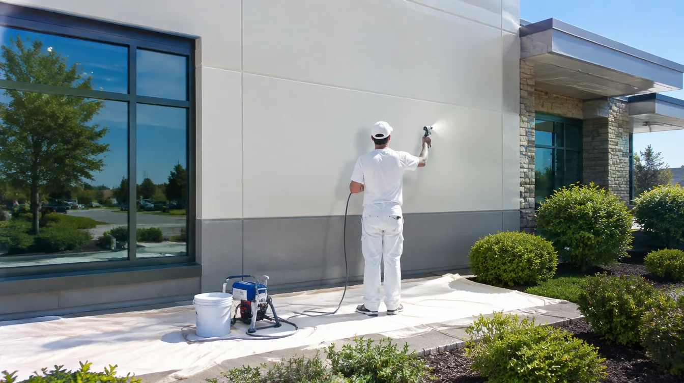 Painter spraying the exterior wall of a commercial building in Spring Hill TN