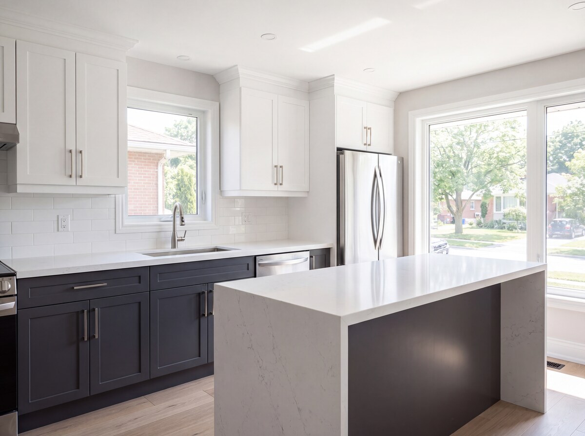 Two-tone kitchen cabinet refinishing - white and charcoal in Smyrna, TN - Next Day Painting Murfreesboro